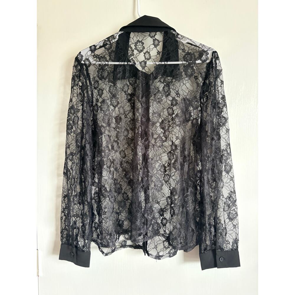 Black Lace Button Shirt Collared Long Sleeves Sheer XL Dark Romantic Whimsigoth - Picture 2 of 6